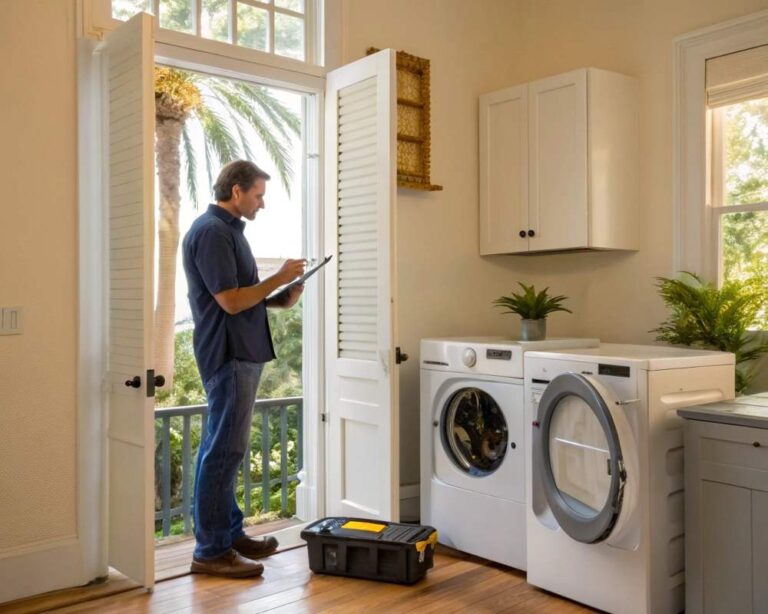 Technician evaluating appliance repair costs for washer and dryer in a bright Charleston laundry room with service checklist.