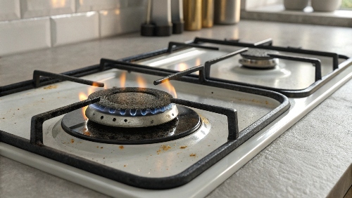 A lit gas burner with grime and crumbs around the base, showing what often leads to gas stove clicking after cooking.