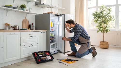 Man fixing a refrigerator with tools nearby—routine appliance repair plays a key role in maintaining energy efficiency.