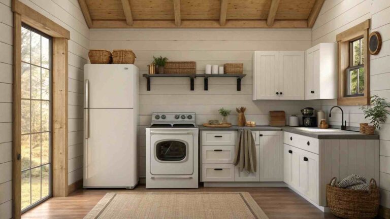 Bright rustic kitchen with updated appliances and wood accents — clean look symbolizing the start of an appliance’s lifecycle.