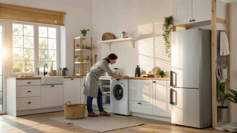 Well-lit modern kitchen with a person attending to a washer — emphasizes appliance care for better energy use.