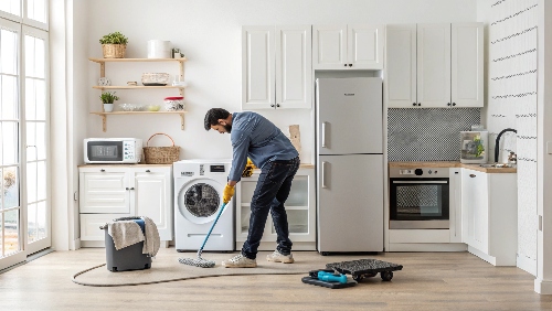 Cleaning around home appliances like a washer and fridge helps prevent dust buildup and supports long-term performance.
