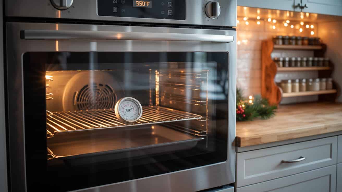 A modern stainless steel oven with its door closed, displaying a temperature of 350°F on the digital panel. Inside the oven, an analog oven thermometer reads 330°F. The kitchen background features a wooden countertop, spice racks, and festive string lights.