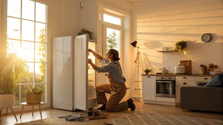 Technician kneeling to inspect a refrigerator in a cozy, sunlit kitchen — maintaining appliances to extend their lifespan.