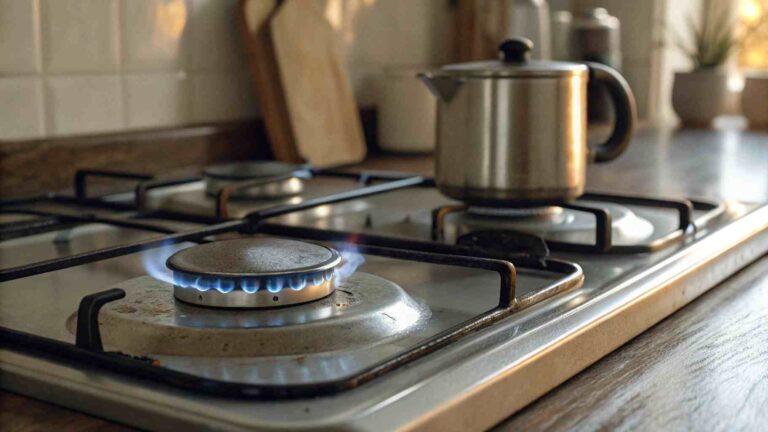 Stove flame burning on a gas cooktop with a kettle — visual example for identifying and fixing gas stove clicking problems.