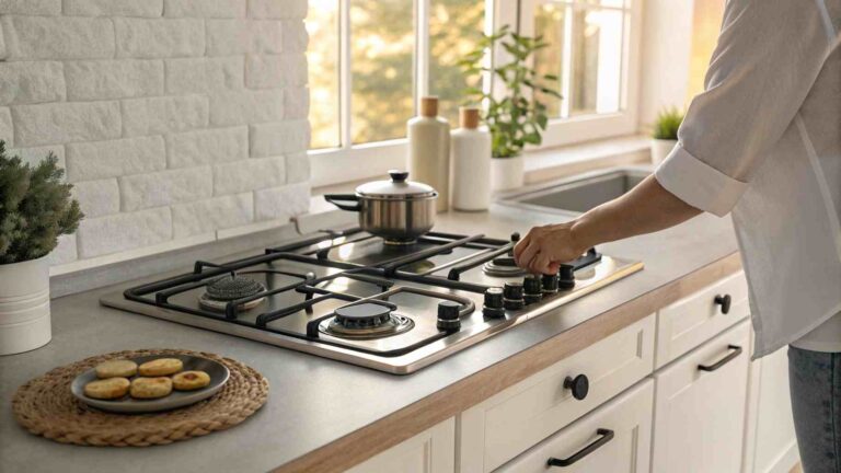 Person adjusting the knob on a modern gas stove in a bright kitchen with sunlight coming through the window.