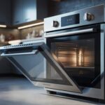 Modern stainless steel oven with its door open, showcased in a stylish kitchen with warm lighting.