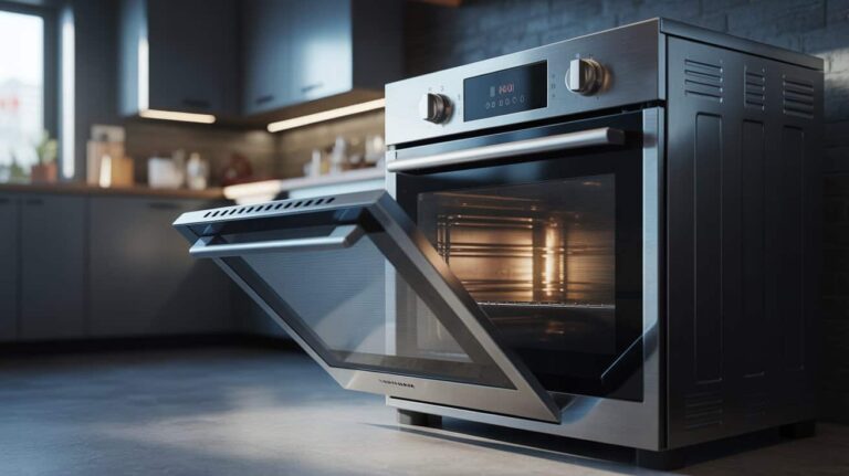Modern stainless steel oven with its door open, showcased in a stylish kitchen with warm lighting.