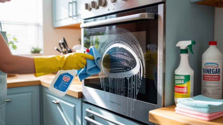 A person wearing yellow gloves cleaning an oven door with a blue cloth and a cleaning spray bottle, with baking soda, vinegar, and cleaning supplies on the wooden counter in a bright kitchen.