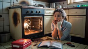 Worried woman with bandaged hands sitting near a damaged oven sparking with exposed wires, highlighting the dangers of ignoring oven repairs.