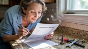 Middle-aged woman reading and signing an oven warranty document at a kitchen counter with tools nearby.