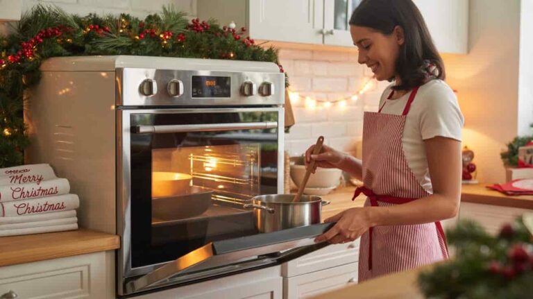 Smiling woman in a festive kitchen wearing a red and white striped apron, stirring a pot on an open oven door with holiday decorations and Christmas towels in the background.