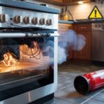 Burning oven emitting smoke with exposed wires and a fire extinguisher on the floor in a home kitchen.