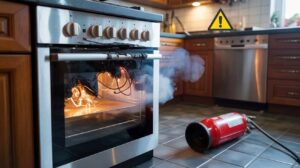 Burning oven emitting smoke with exposed wires and a fire extinguisher on the floor in a home kitchen.