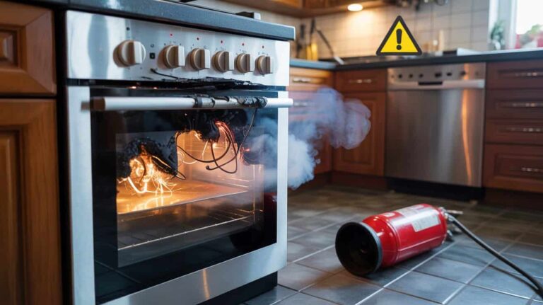 Burning oven emitting smoke with exposed wires and a fire extinguisher on the floor in a home kitchen.