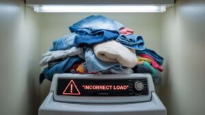 Top-load washing machine displaying 'Incorrect Load' warning due to an overloaded pile of clothes.