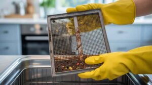 Close-up of hands wearing yellow rubber gloves holding a greasy and dirty metal range hood filter over a sink in a modern kitchen, preparing for cleaning.