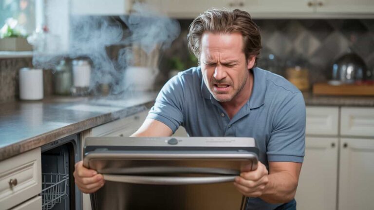 A frustrated man opening a dishwasher emitting smoke, standing in a bright kitchen with white cabinets and a tiled backsplash.