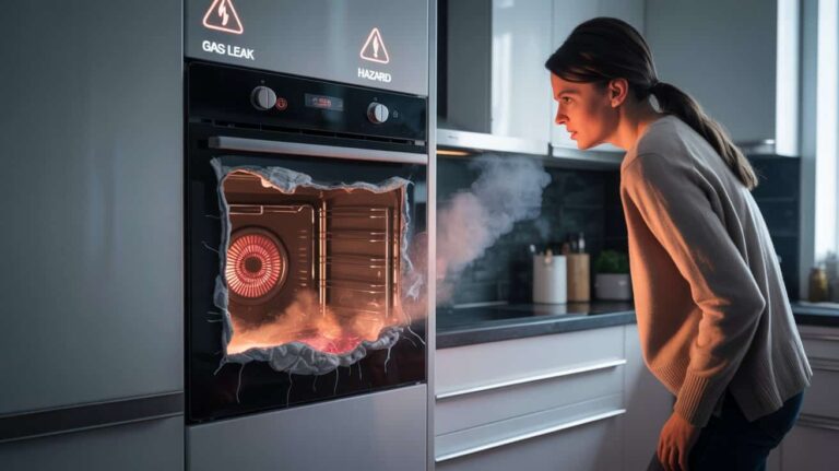 Woman urgently inspecting a smoking oven with hazard and gas leak warnings glowing in a modern kitchen.