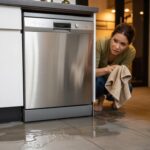 Worried woman inspecting water leakage from a dishwasher on the kitchen floor.