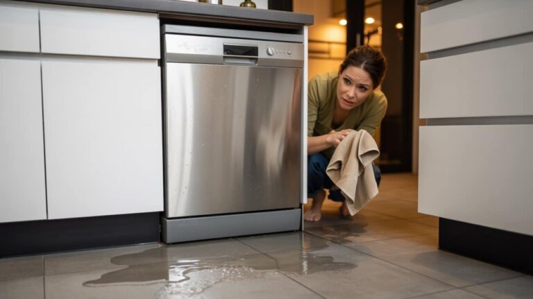Worried woman inspecting water leakage from a dishwasher on the kitchen floor.