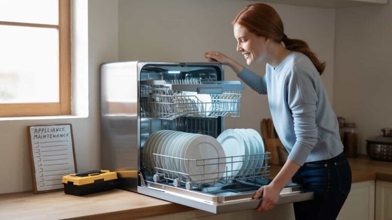 Smiling woman unloading clean dishes from a modern stainless steel dishwasher in a bright kitchen.