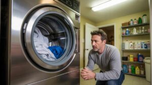 Concerned man inspecting a front-loading washing machine in a laundry room filled with cleaning supplies.