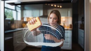 A woman cleaning the glass door of an oven using a yellow sponge with soap, in a bright kitchen featuring white cabinets and warm lighting.