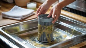 Hands removing a dirty dishwasher filter clogged with food debris in a sink.