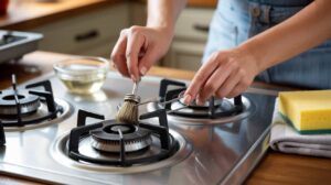 Close-up of hands carefully cleaning gas stove burner parts with a small brush and cleaning tools.