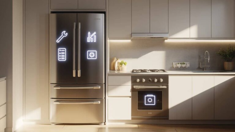 Modern kitchen with a stainless steel French door refrigerator and built-in oven. The refrigerator features illuminated icons representing tools, analytics, and settings, while the oven displays a camera icon on its door.