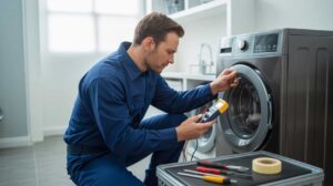 Technician in a blue uniform repairing a front-loading washing machine using a digital multimeter. Tools and tape are placed on a nearby table in a well-lit laundry room.