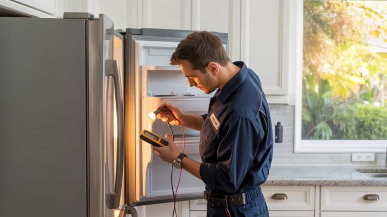 Technician using a multimeter to inspect a refrigerator in a bright kitchen.