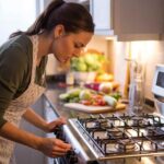Woman in apron adjusting a gas stove knob in a modern kitchen while preparing to cook.
