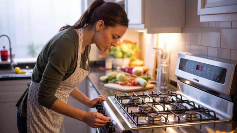 Woman in apron adjusting a gas stove knob in a modern kitchen while preparing to cook.