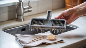 Used dishwasher filter with food debris shown next to cleaning tools and a cloth by the sink.