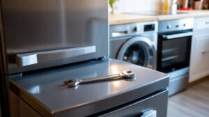A wrench placed on a stainless steel refrigerator in a modern kitchen.