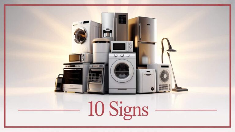 Colorful infographic titled "10 Signs Your Home Appliances Need Immediate Repair" featuring various illustrated household appliances.