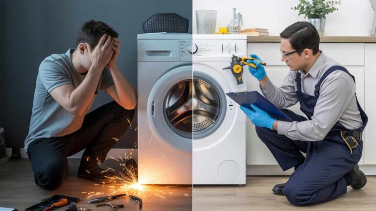 Split-screen image showing the danger of DIY washer repair on the left with sparks and frustration, and a professional technician safely inspecting the machine on the right.