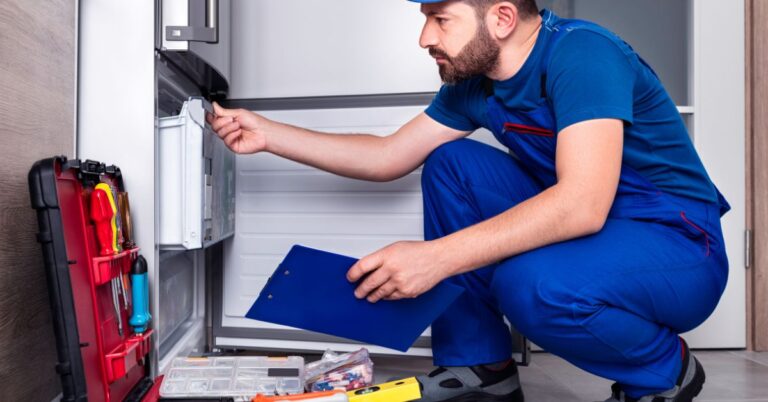 A technician in blue overalls repairs a refrigerator leaking water, surrounded by tools and a red toolbox.